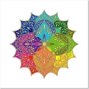 Colorful Mandala with spikes and golden Arabesques Posters and Art